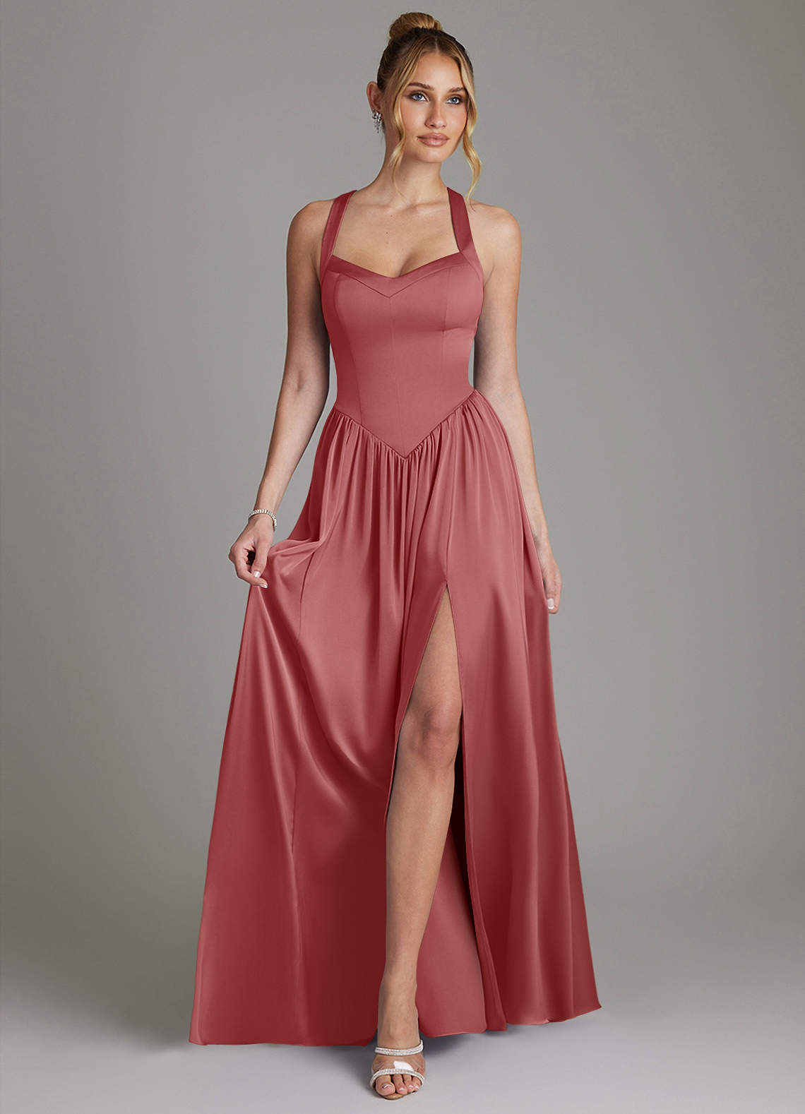 Francis A-Line V-Neck Stretch Satin Bridesmaid Dress in Antique Rose