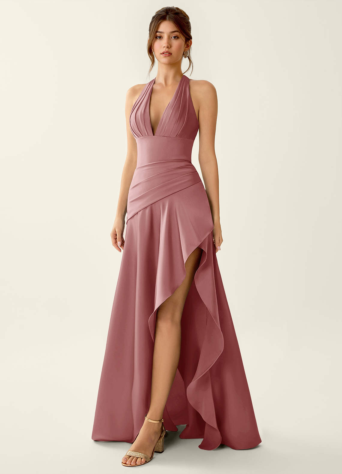Titania Halter Asymmetric-Ruffle Satin Evening Dress in Pastel Yellow