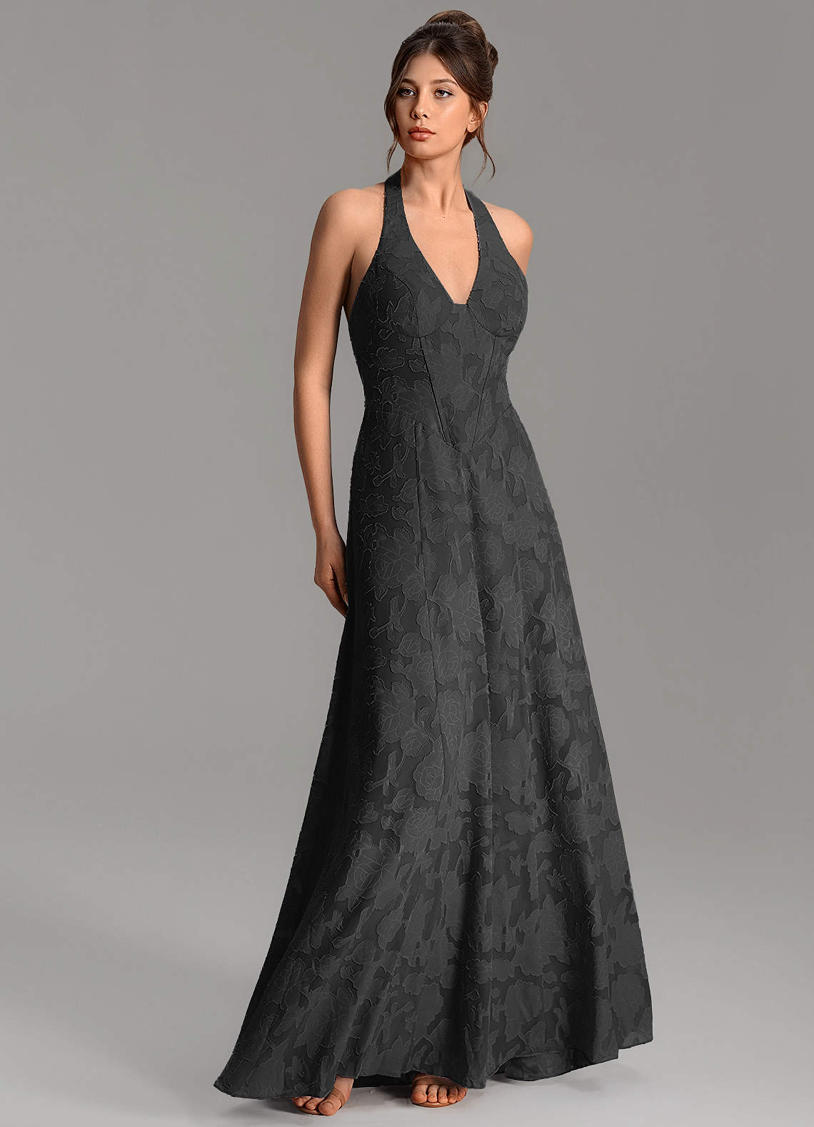 Nia A-Line V-Neck Floral Burnout Bridesmaid Dress in black
