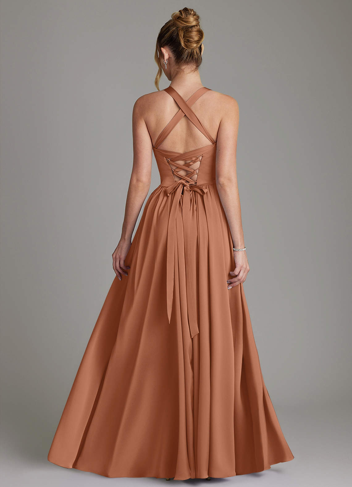 Francis A-Line V-Neck Stretch Satin Bridesmaid Dress in Bronzer