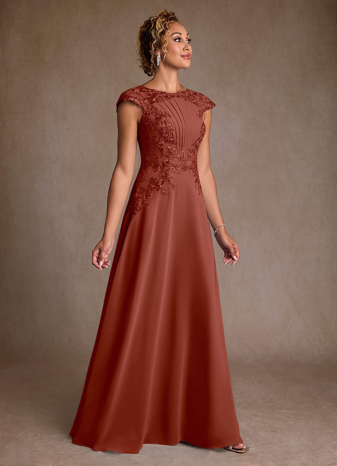Christi A-Line Scoop-Neck Chiffon and Lace Mother of the Bride Dress in Auburn