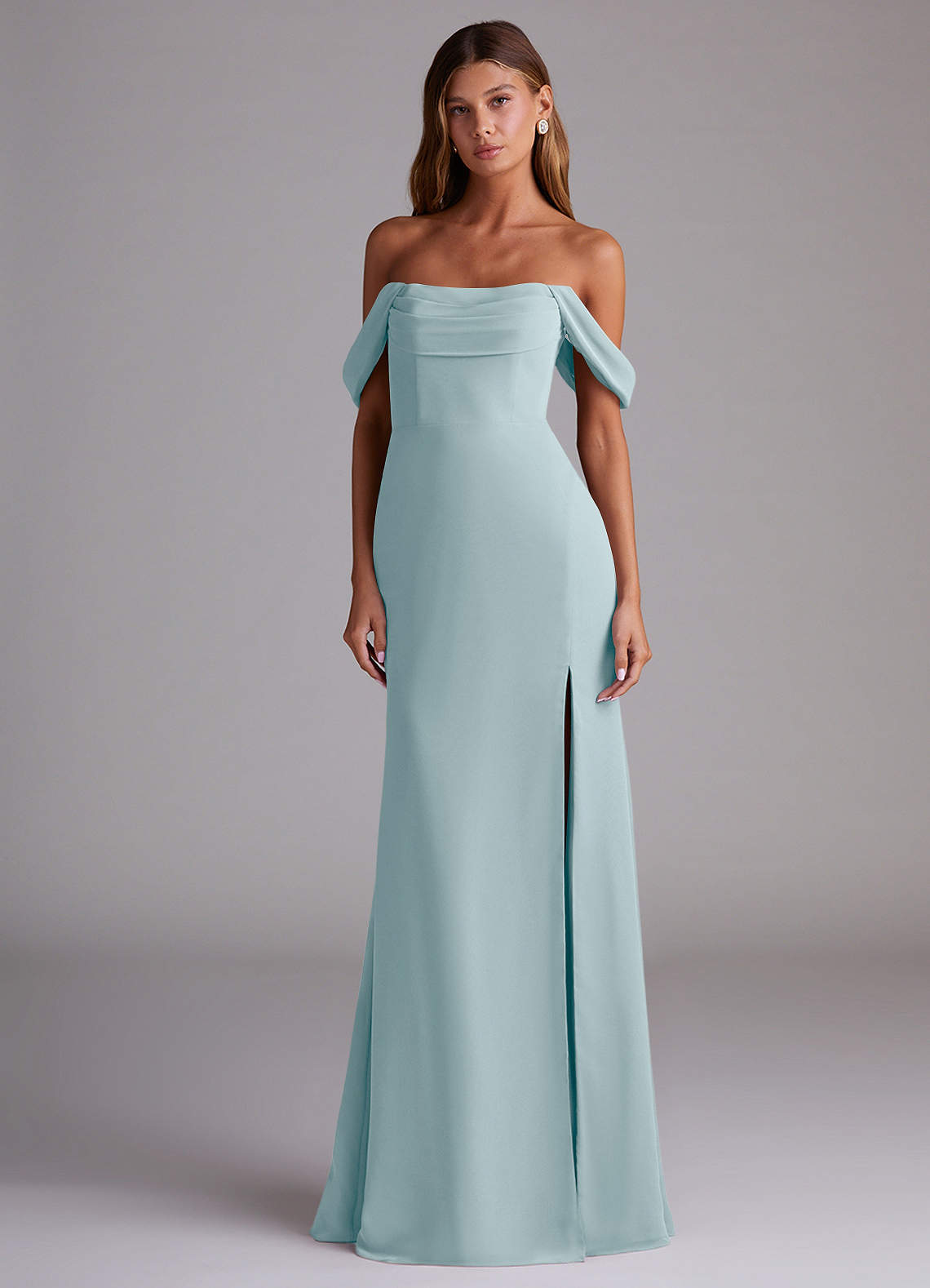 Saige A-Line Off-the-Shoulder Chiffon Bridesmaid Dress in Sea Glass