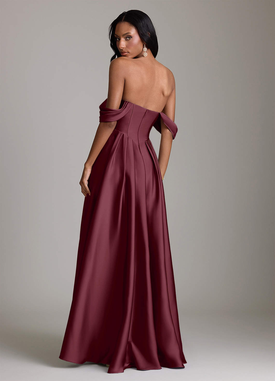Loisa A-Line Off-the-Shoulder Stretch Satin Bridesmaid Dress in Cabernet