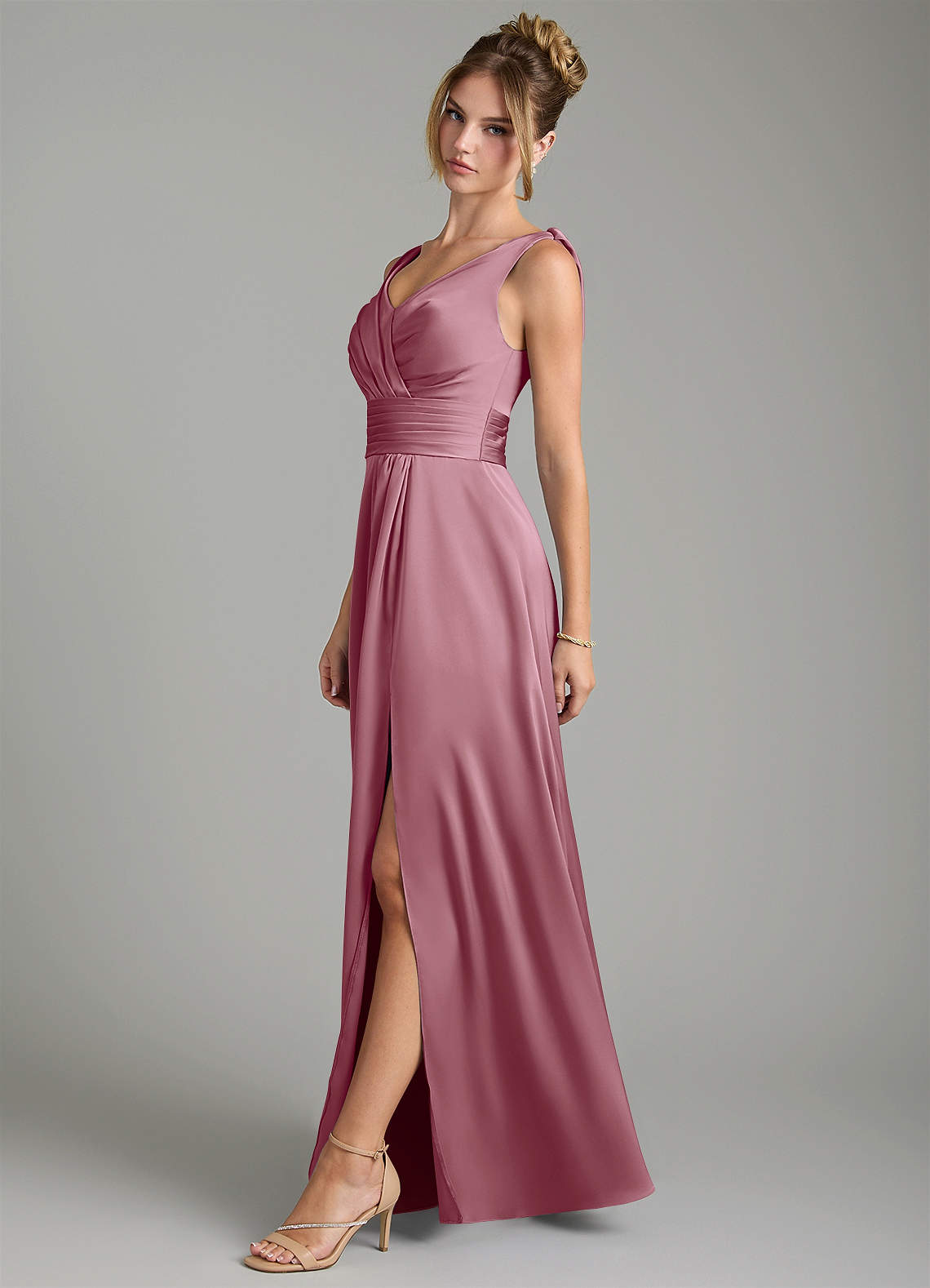 Karina A-Line V-Neck Stretch Satin Bridesmaid Dress in Vintage Mauve