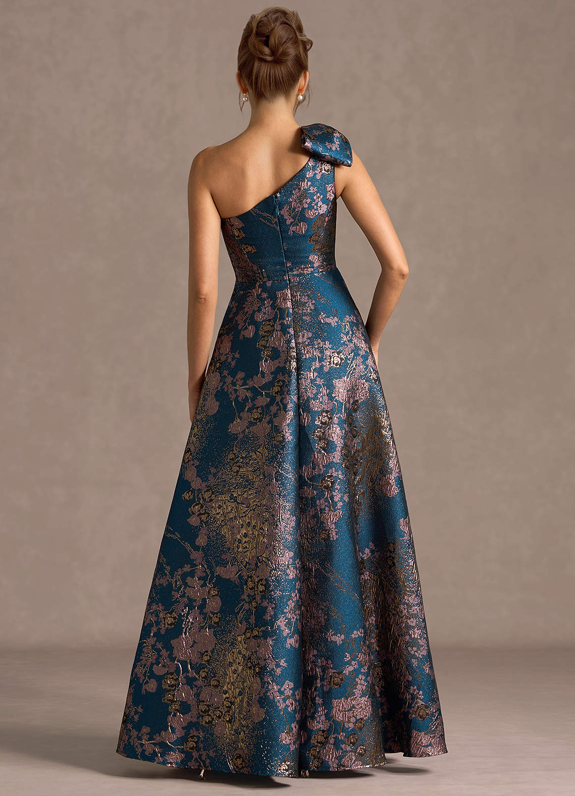 Jonelle A-Line One-Shoulder Metallic Jacquard Evening Dress in Teal Floral