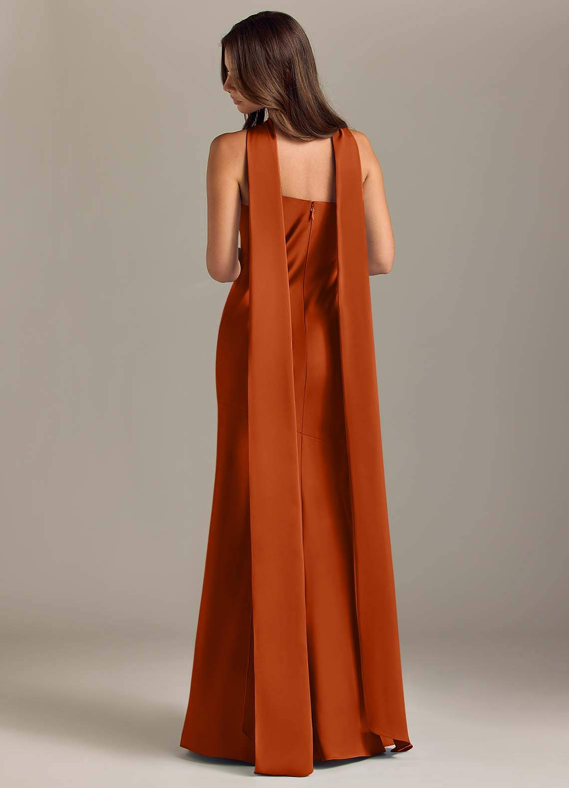 Kinsley Mermaid Halter Stretch Satin Bridesmaid Dress in Burnt Orange