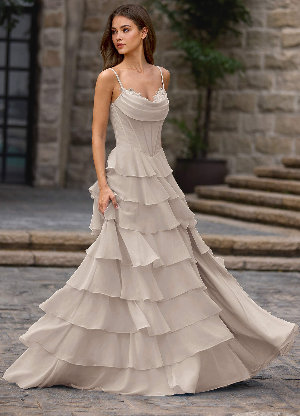 Floralace A-Line Ruffle Chiffon Evening Dress in Vanilla