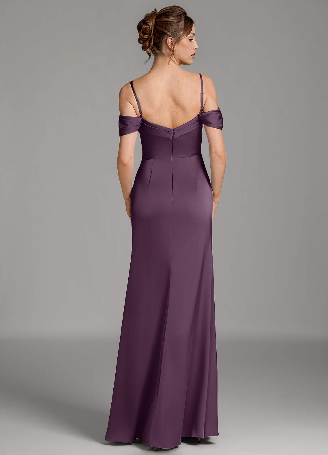 Wyatt Mermaid Off-the-Shoulder Stretch Satin Bridesmaid Dress in Plum