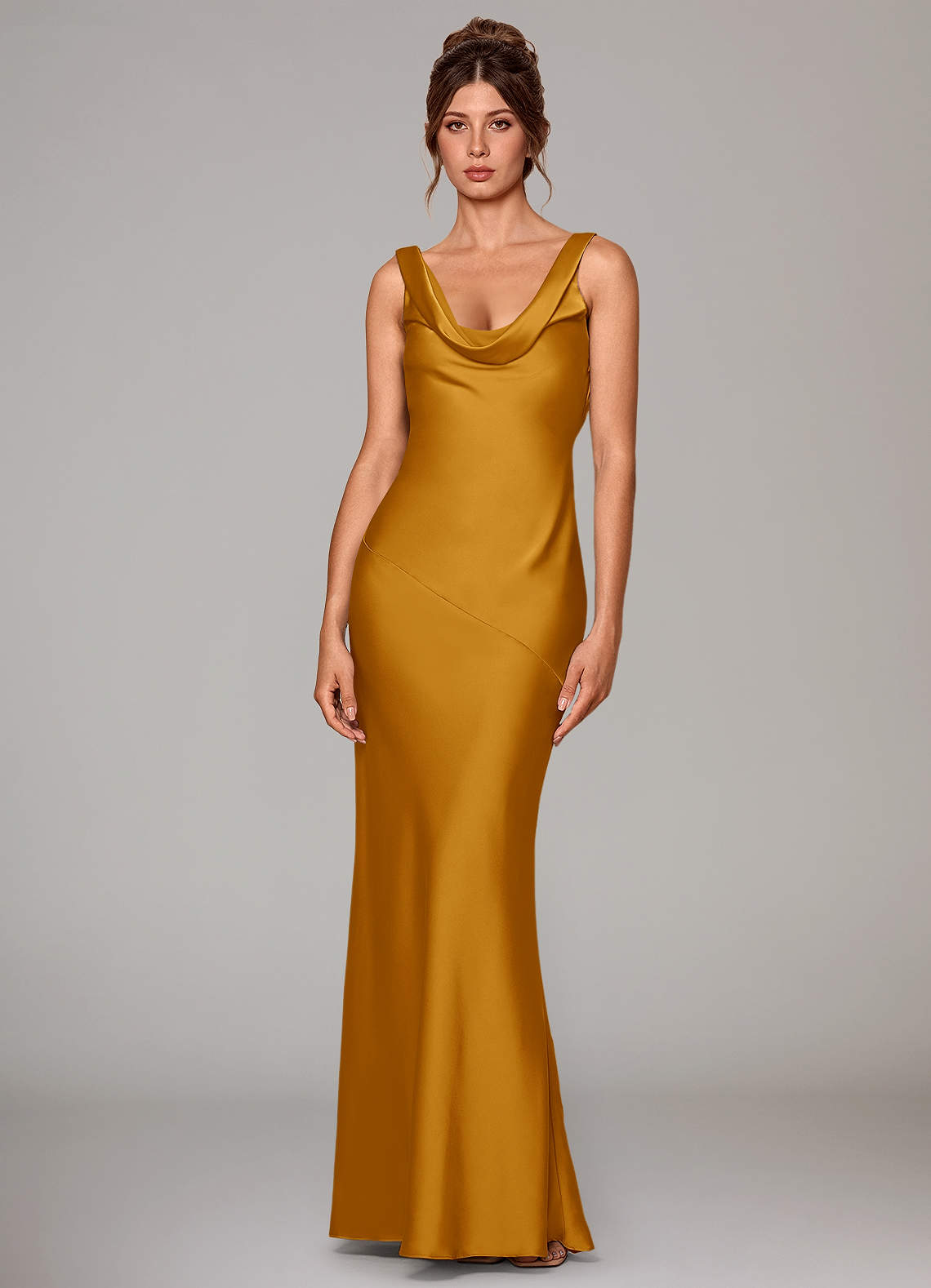 Rylina Mermaid Cowl-Neck Stretch Satin Bridesmaid Dress in butterscotch