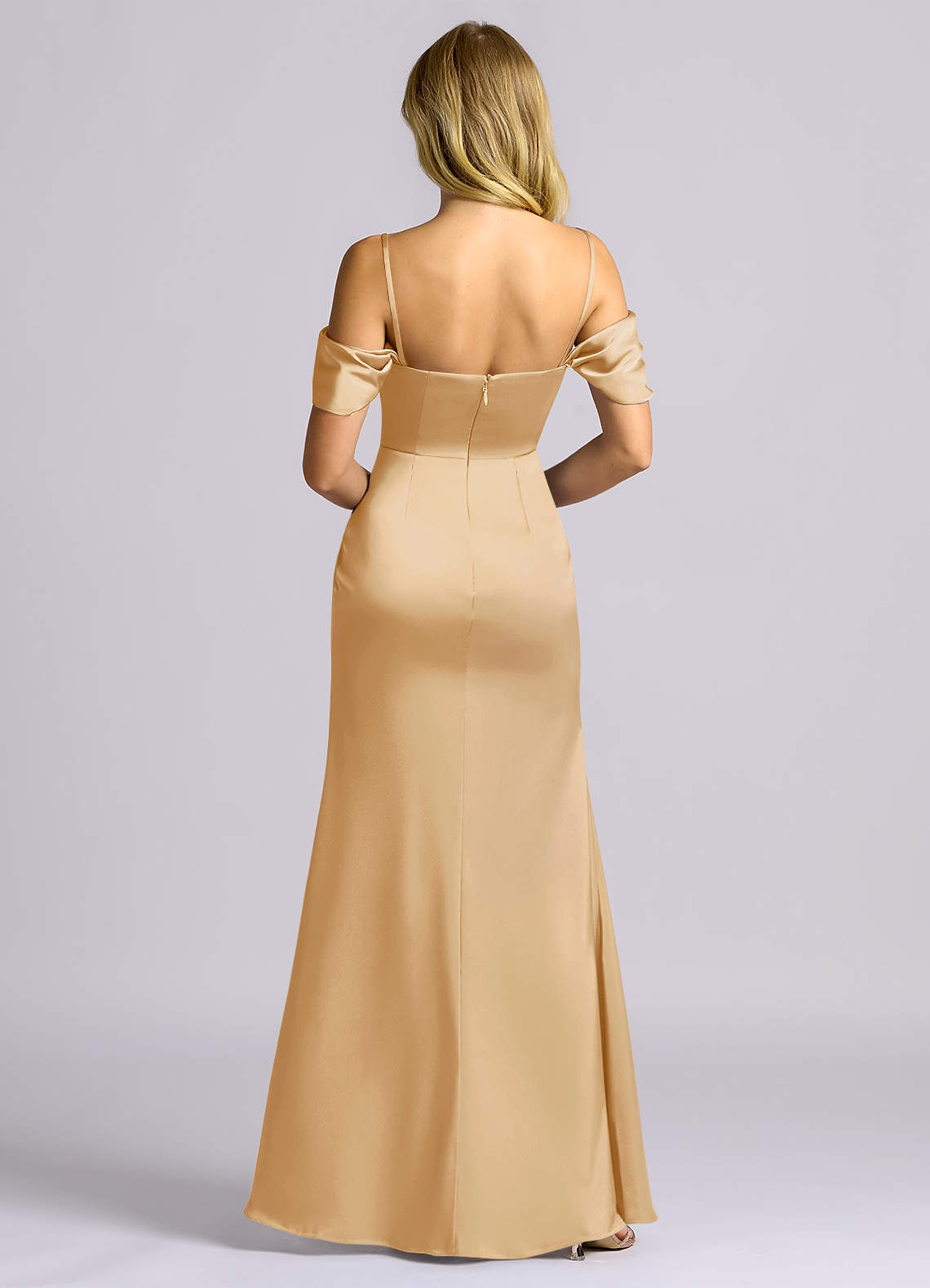 Auden Sheath Off-the-Shoulder Stretch Satin Bridesmaid Dress in Gold