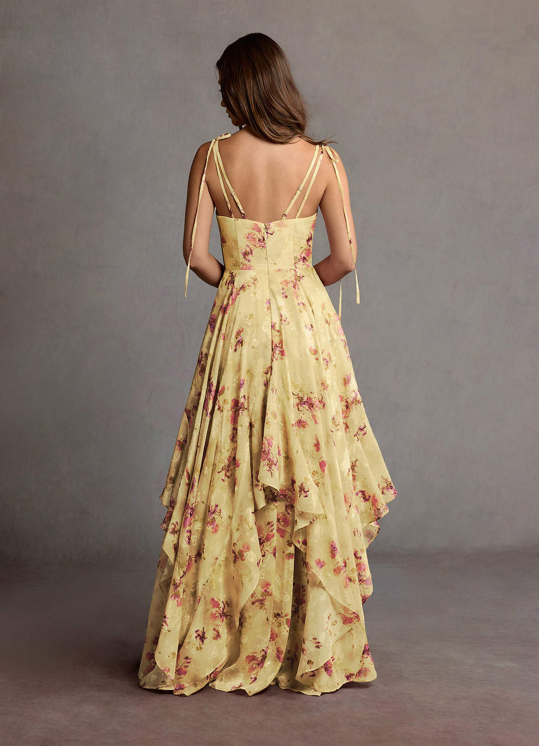 Harmony A-Line V-Neck Floral Fil Coupé Wedding Guest Dress in Light Yellow