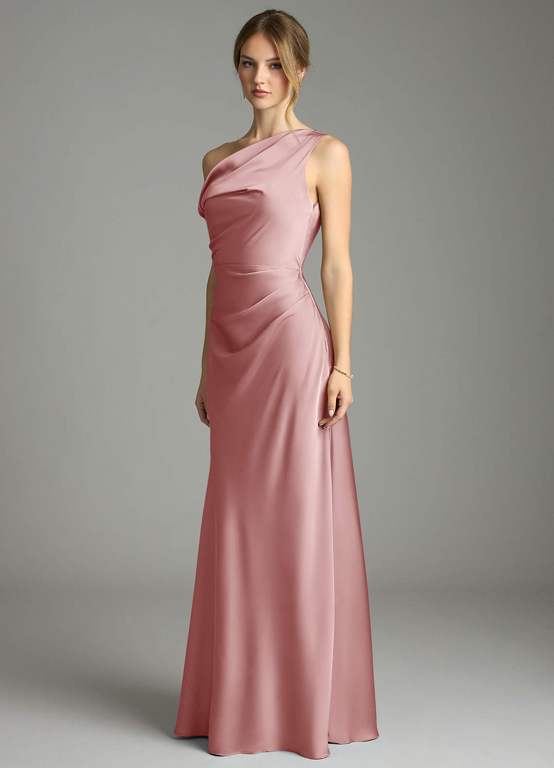 Emerson Mermaid One-Shoulder Stretch Satin Bridesmaid Dress in dusty rose
