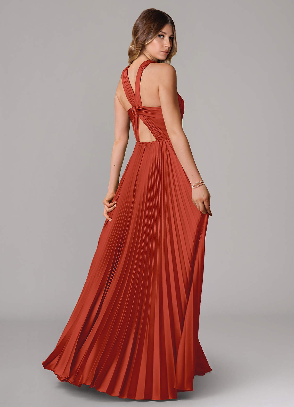Afra A-Line Halter-Neck Stretch Satin Bridesmaid Dress in Rust