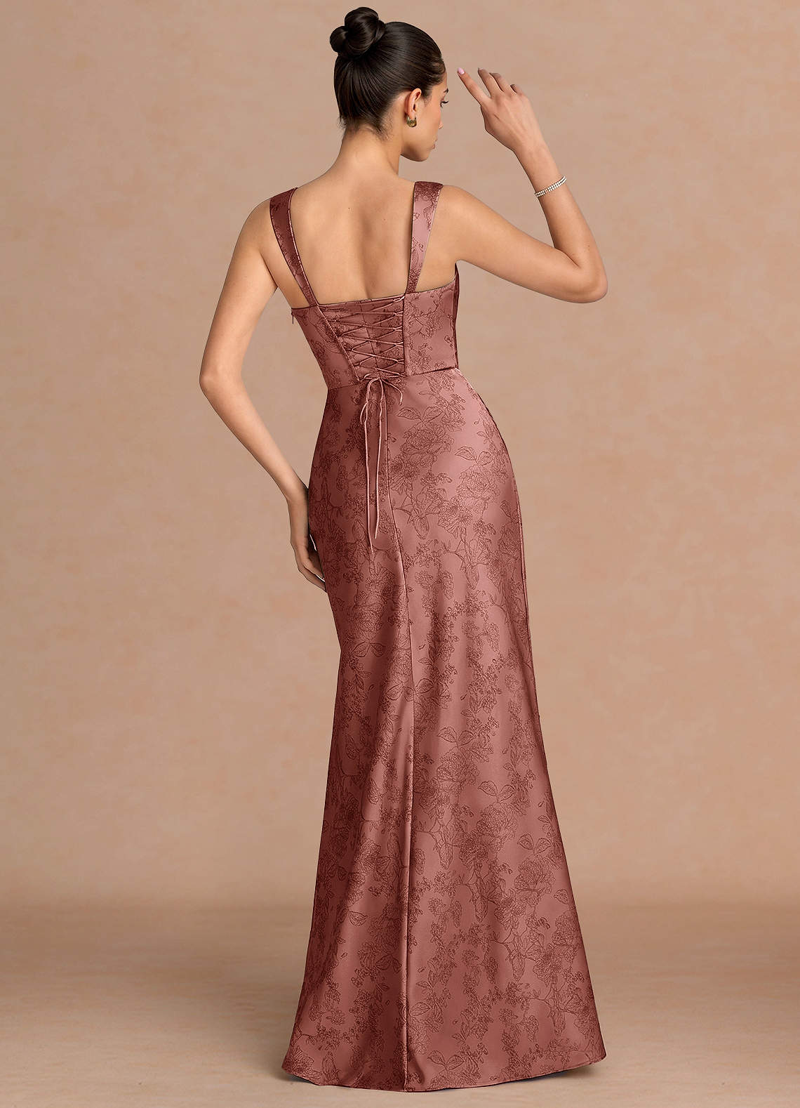 Agustina Square-Neck Pleated Jacquard Evening Dress in Vintage Rose