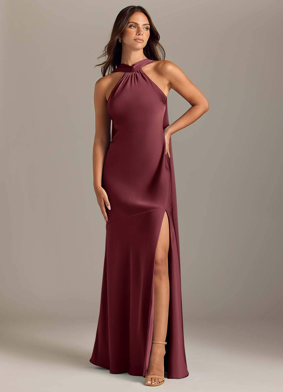 Kinsley Mermaid Halter Stretch Satin Bridesmaid Dress in Merlot