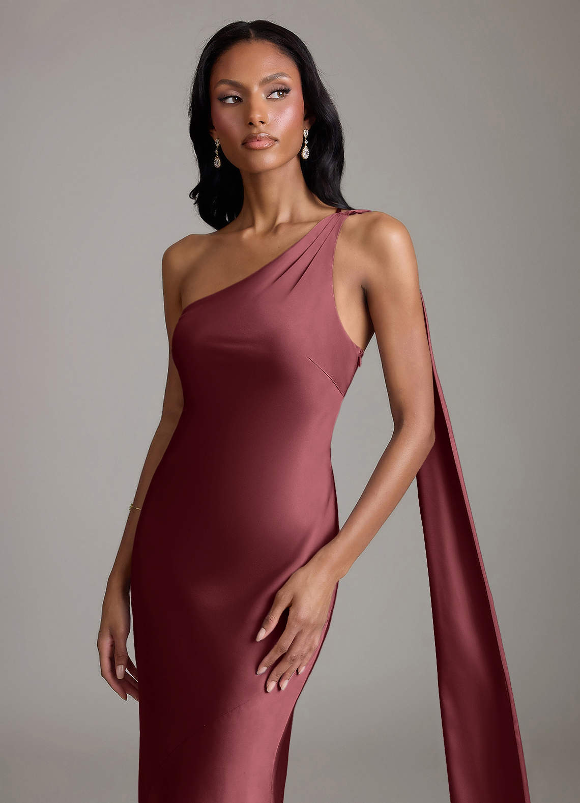 Juniper Mermaid One-Shoulder Stretch Satin Bridesmaid Dress in Merlot