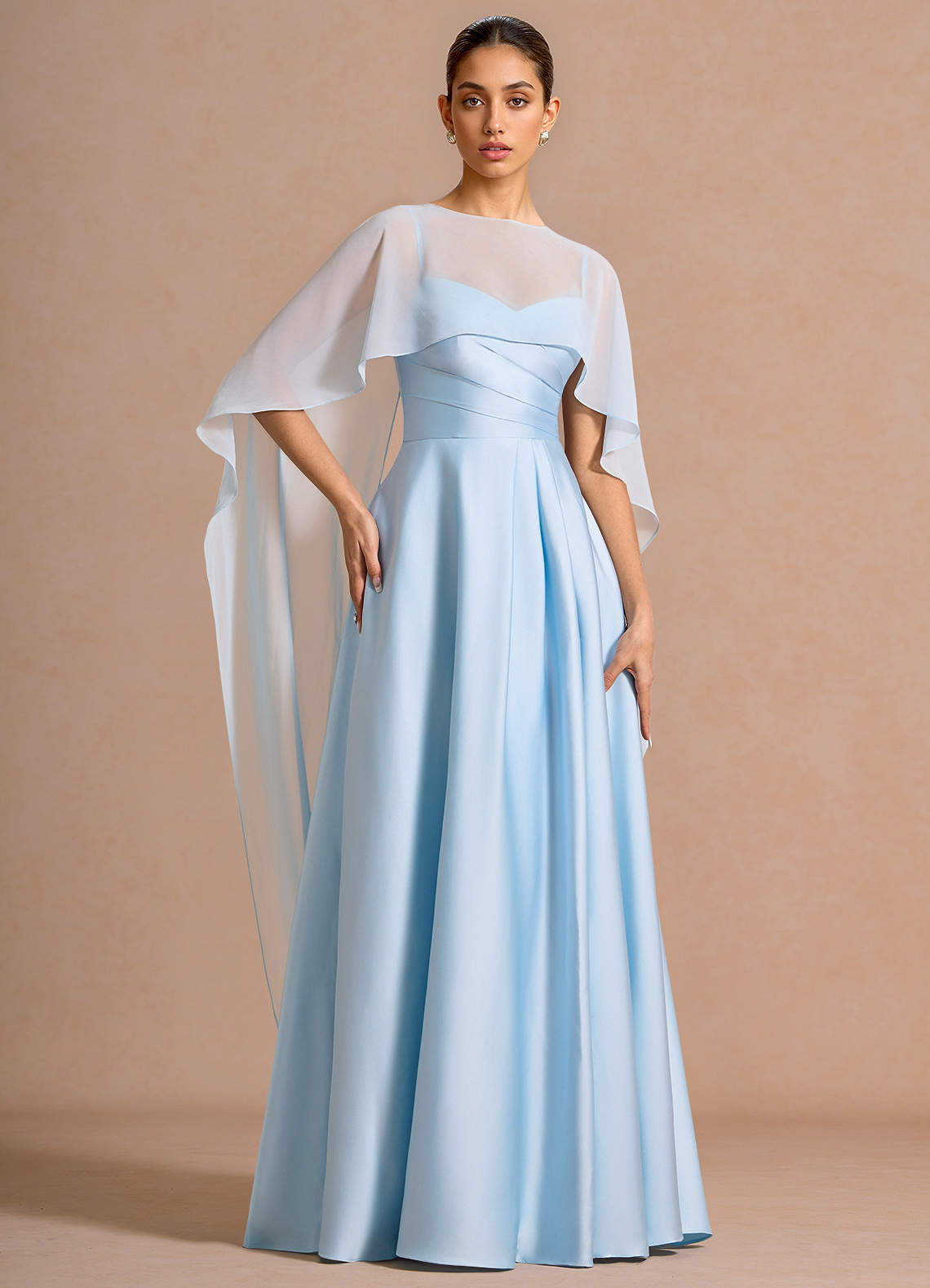 Nancy A-Line V-Neck Stretch Satin and Chiffon Evening Dress in Sky Blue