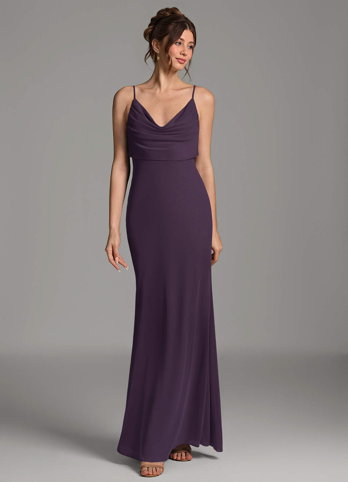 Zari Mermaid Cowl-Neck Mesh Bridesmaid Dress in Plum