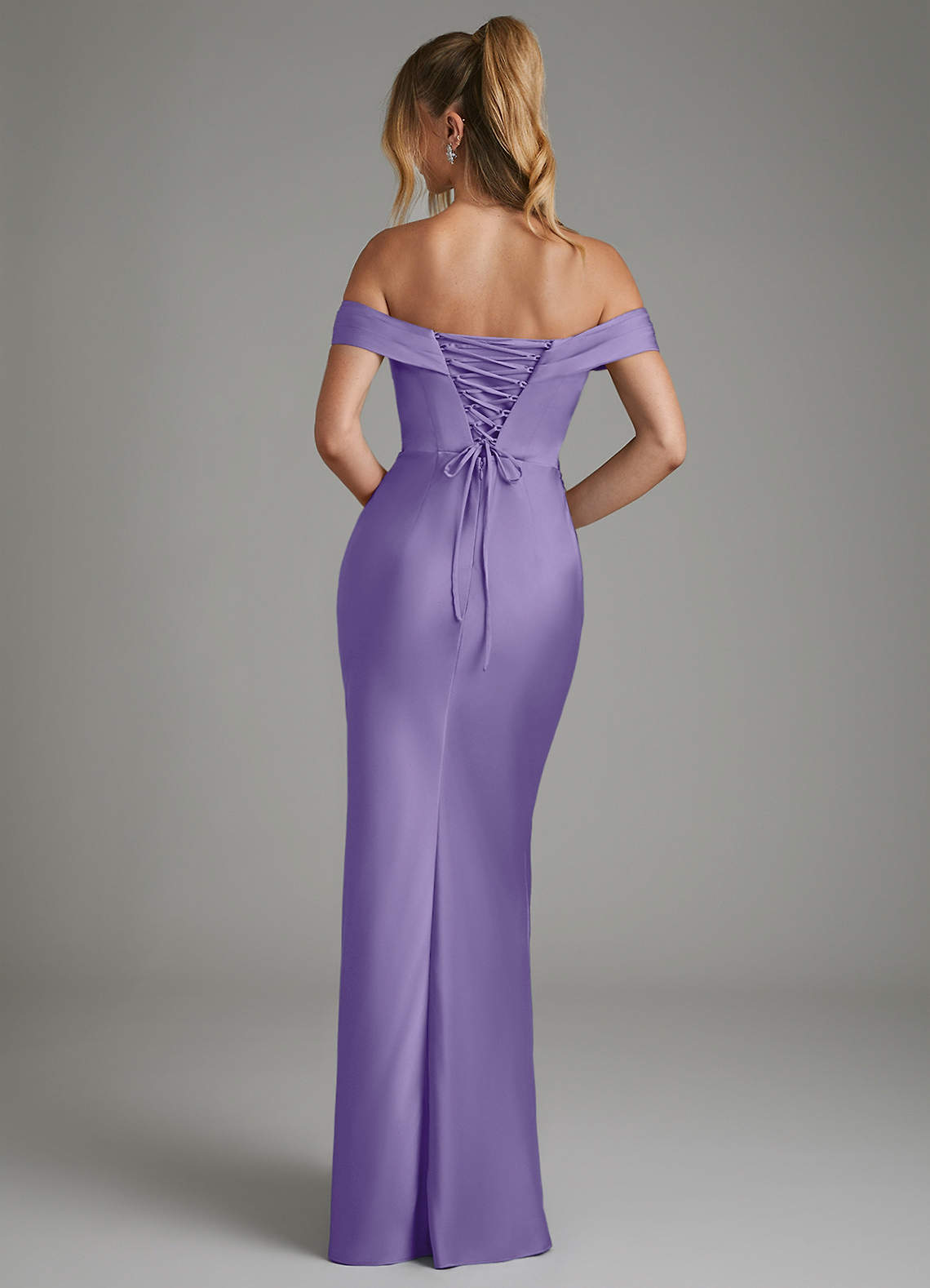Hayden Mermaid Off-the-Shoulder Stretch Satin Bridesmaid Dress in Tahiti