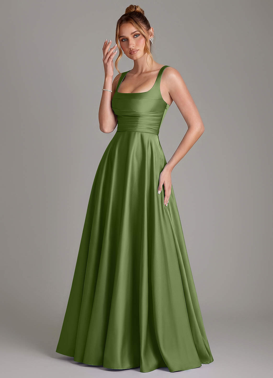 Azaria A-Line Square-Neck Stretch Satin Bridesmaid Dress in Juniper