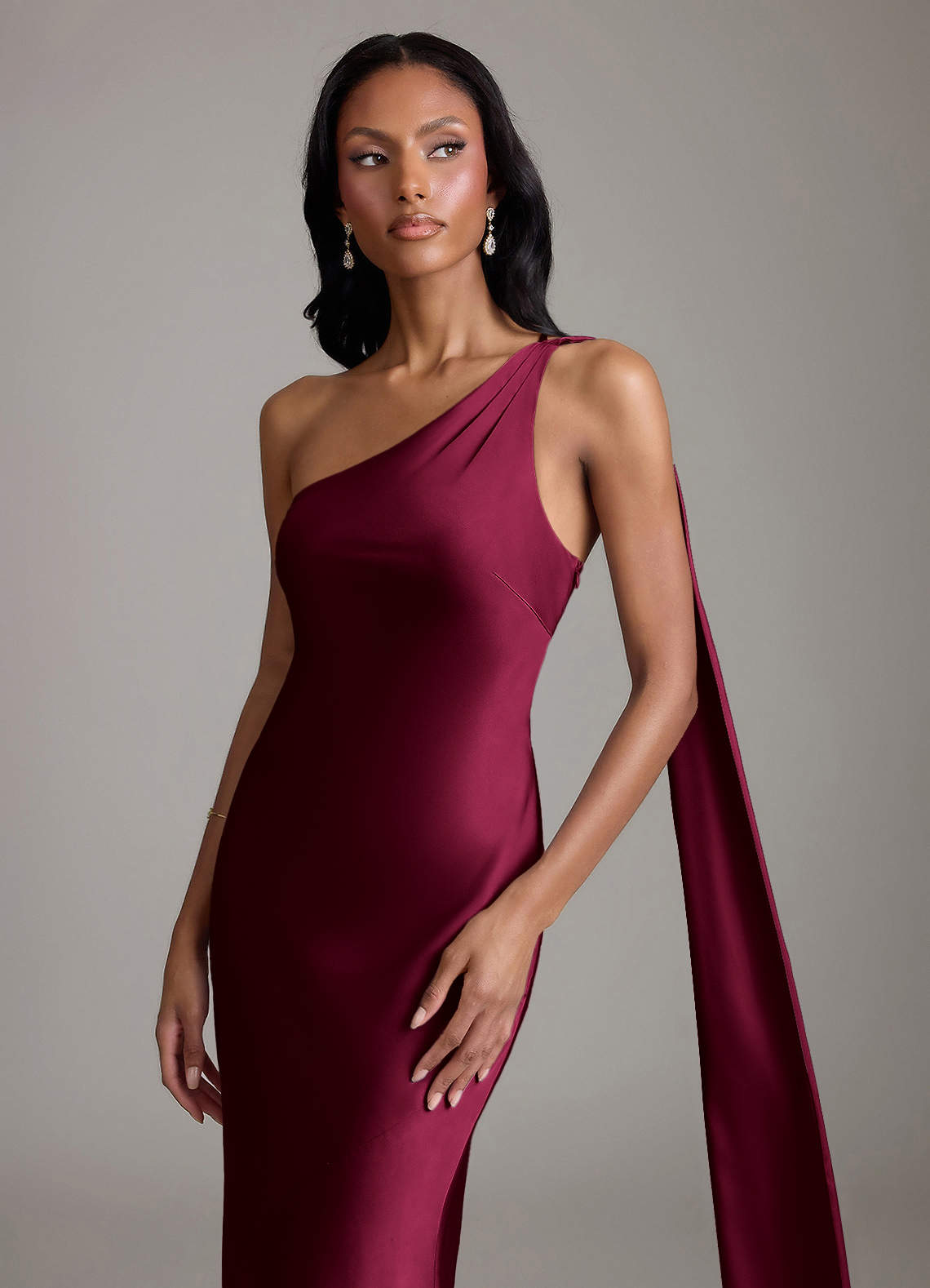 Juniper Mermaid One-Shoulder Stretch Satin Bridesmaid Dress in Burgundy