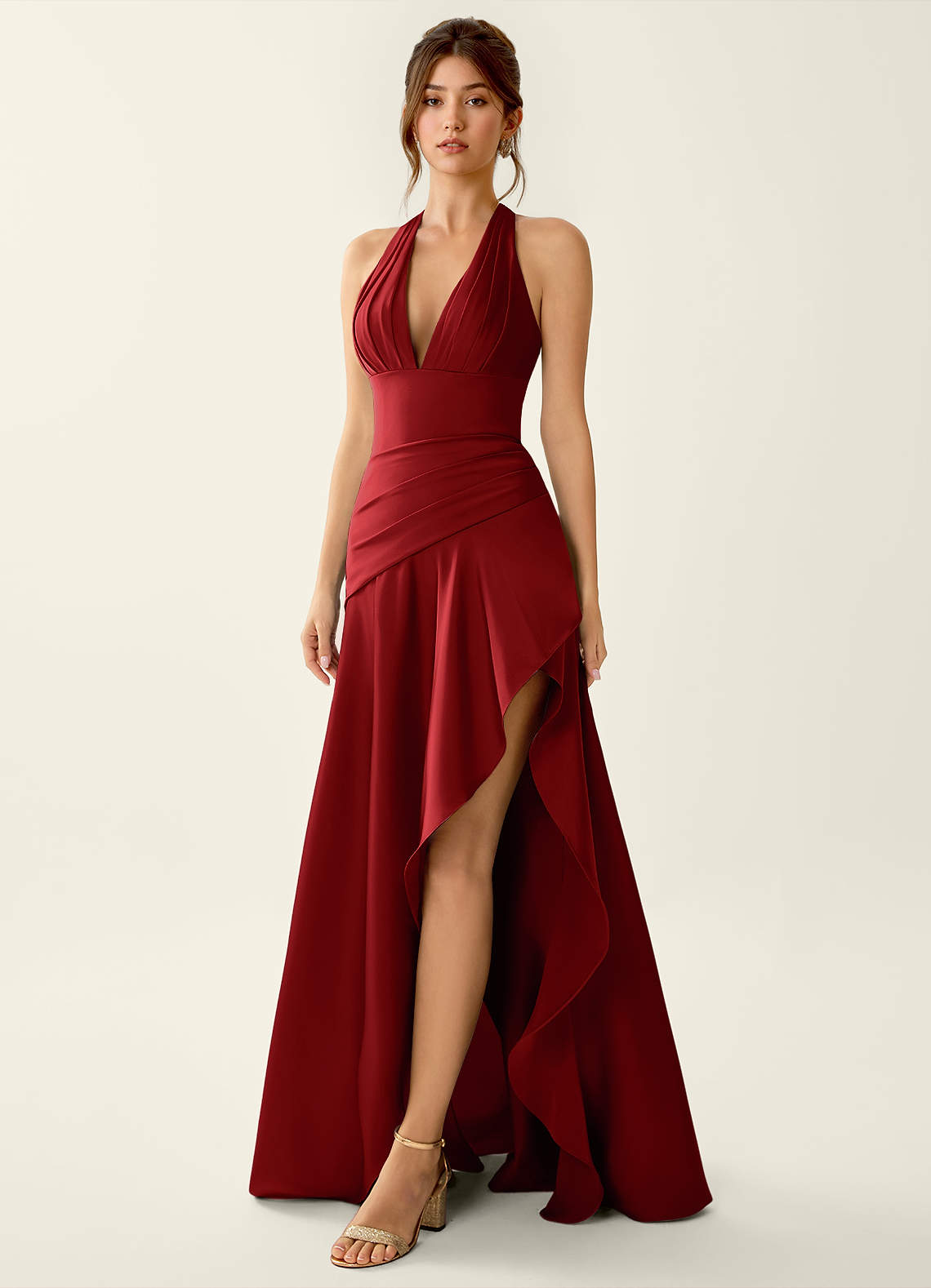 Titania Halter Asymmetric-Ruffle Satin Evening Dress in Pastel Yellow