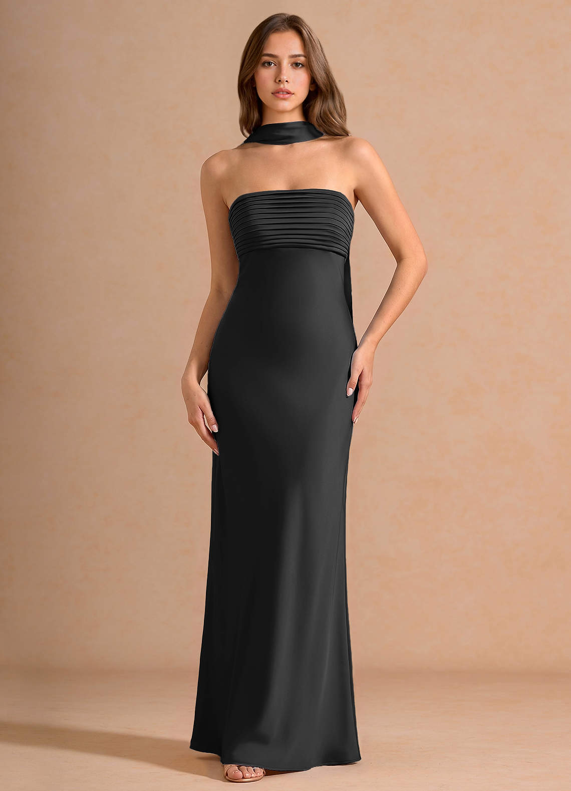 Seraphina A-Line Scarf Stretch Satin Evening Dress in Vintage Sage