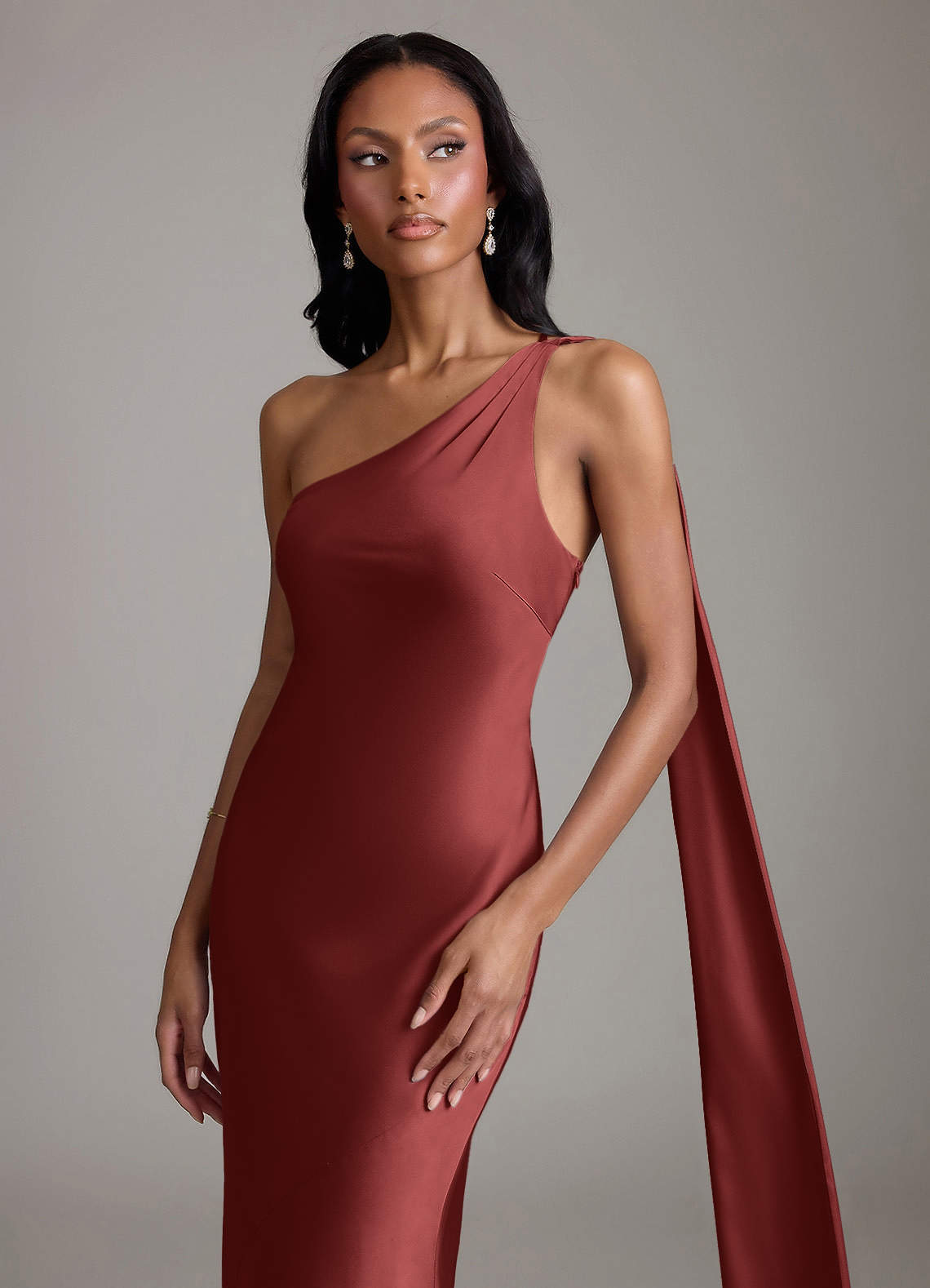 Juniper Mermaid One-Shoulder Stretch Satin Bridesmaid Dress in Terracotta