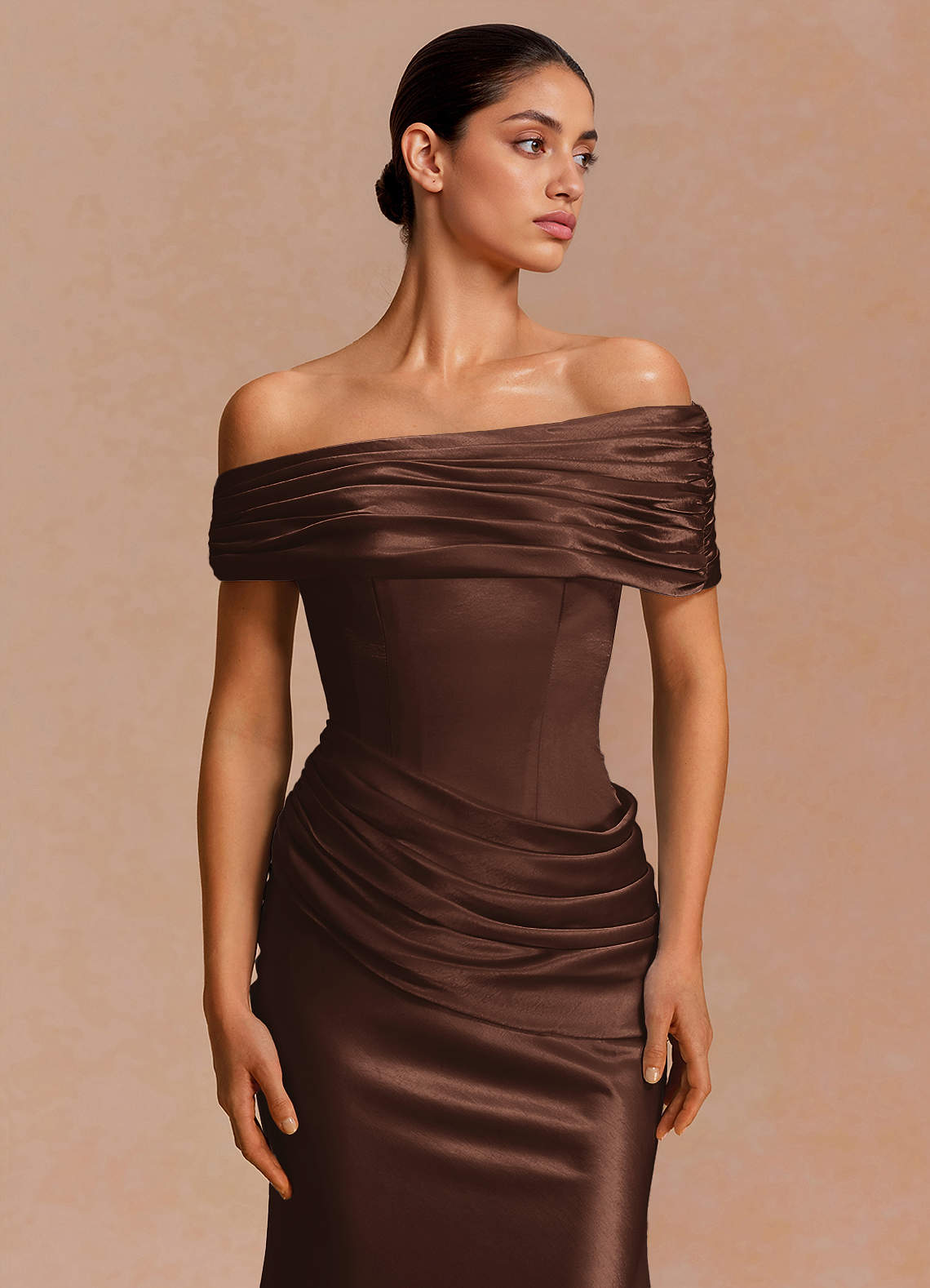 Leonie Strapless Draped-Shoulder Satin Evening Dress in ganache