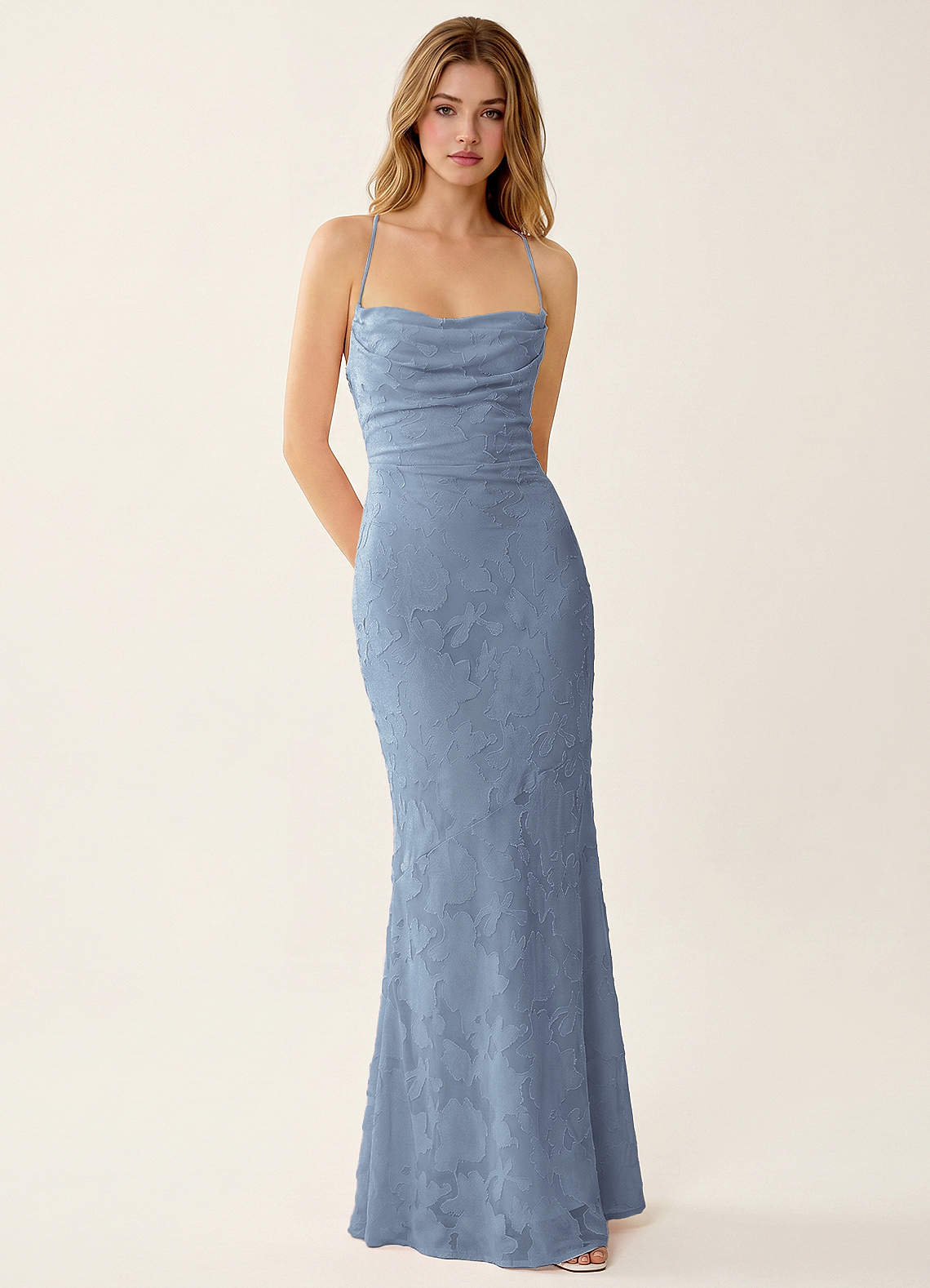 Natasha Mermaid Spaghetti-Strap Floral Burnout Evening Dress in Powder Blue