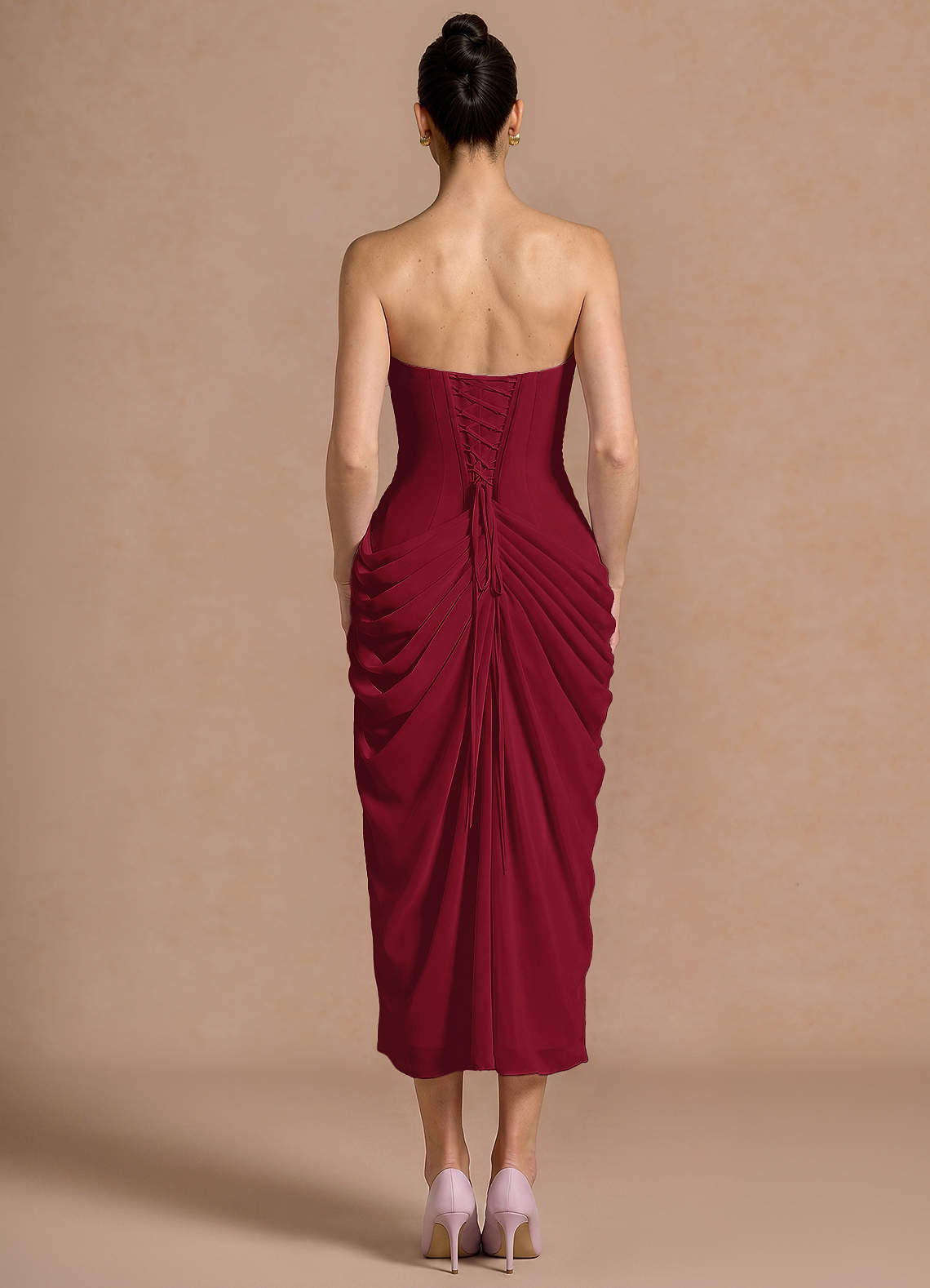 Kaavia Column Pleated Chiffon Midi Evening Dress in Merlot