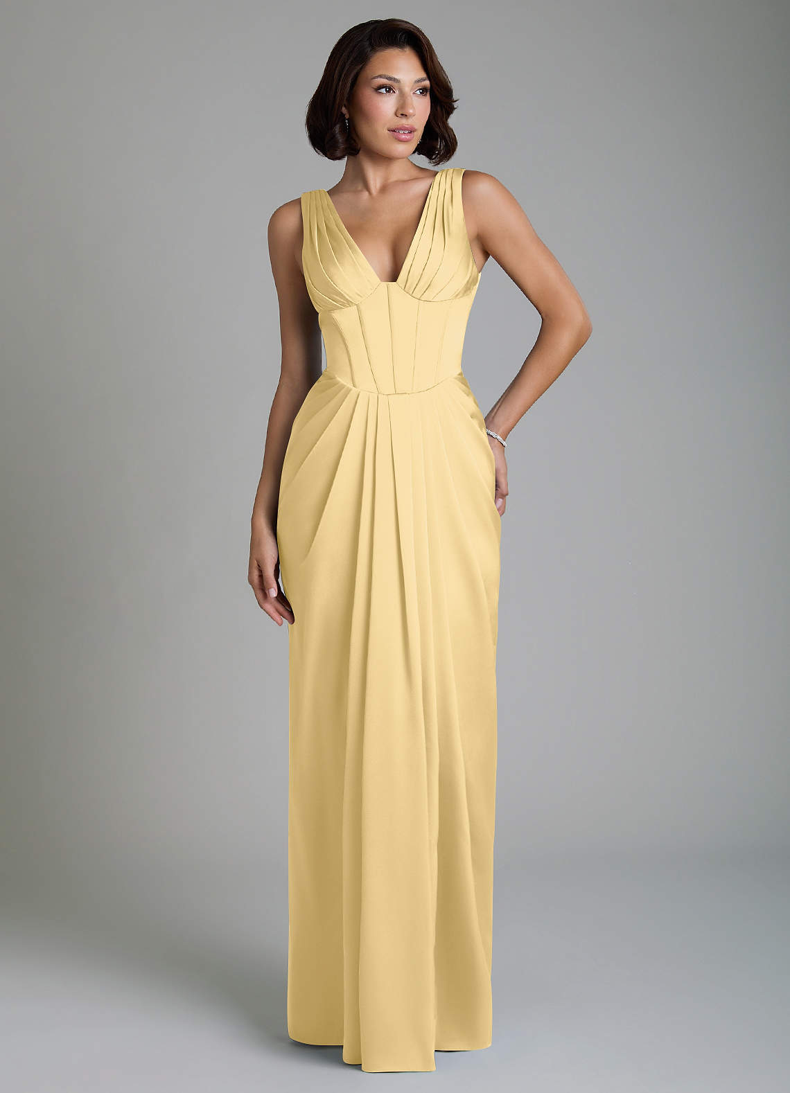 Vanya Sheath V-Neck Stretch Satin Bridesmaid Dress in Butter