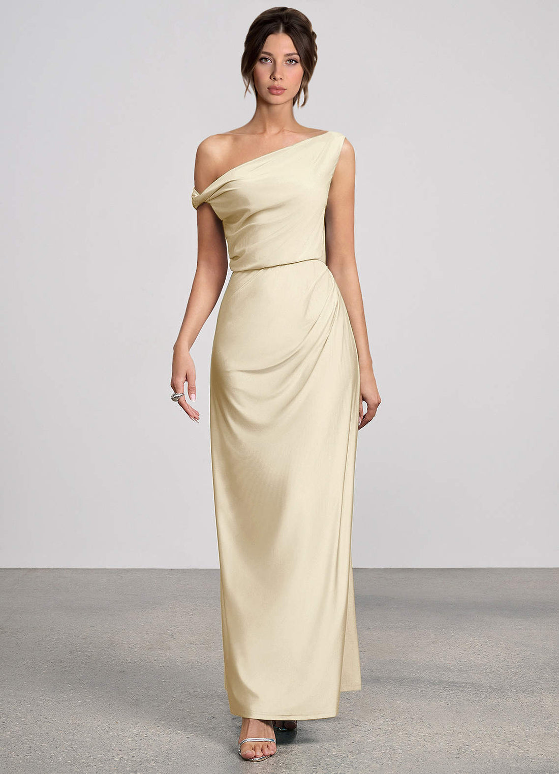 Elowen Mermaid One-Shoulder Glossy Knit Evening Dress in Champagne
