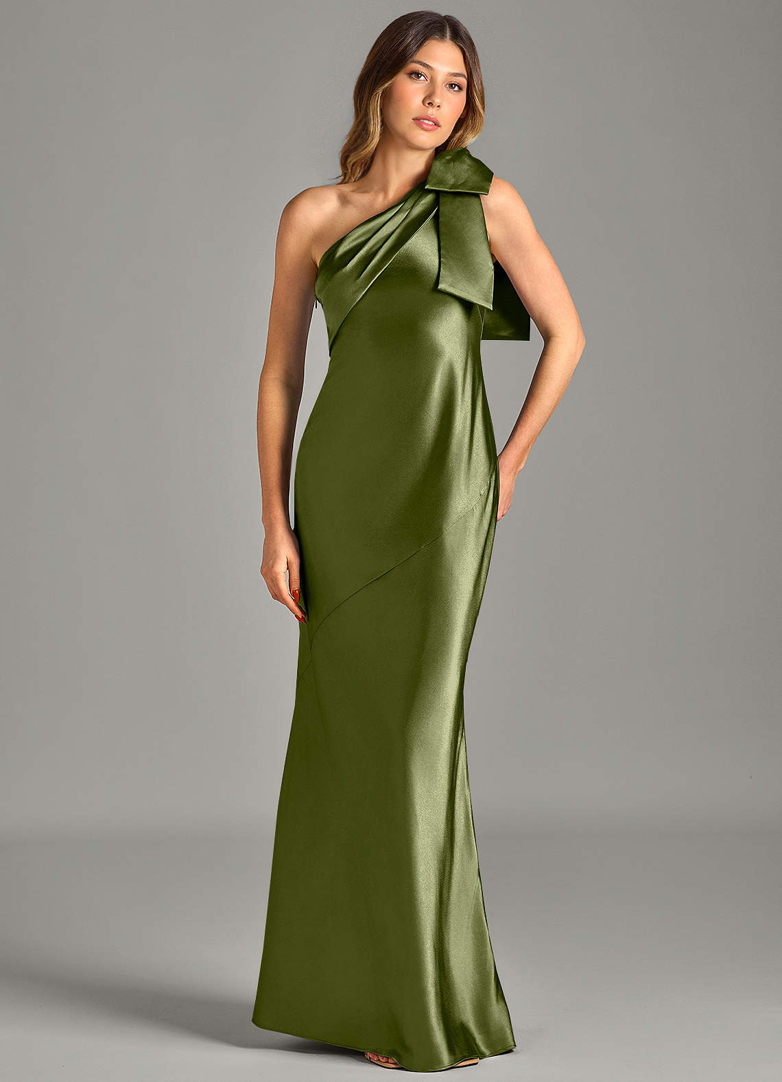 Yuanna Mermaid One-Shoulder Metallic Satin Bridesmaid Dress in Olive