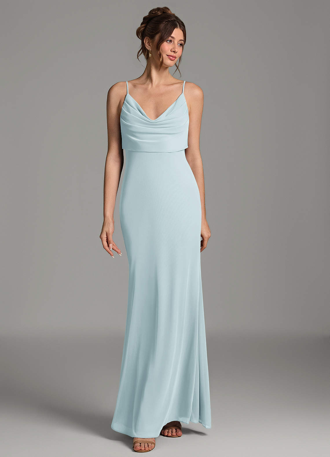 Zari Mermaid Cowl-Neck Mesh Bridesmaid Dress in Mist