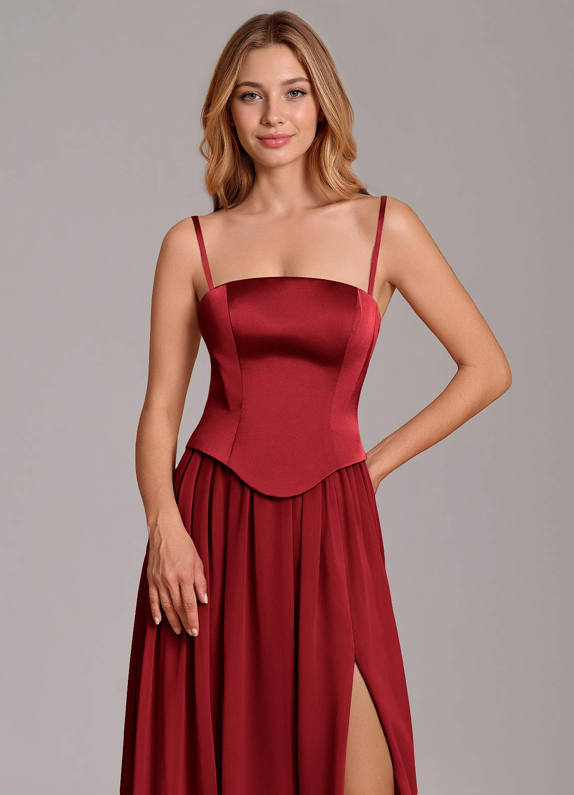 Cadence A-Line Strapless Chiffon and Stretch Satin Bridesmaid Dress in Scarlet