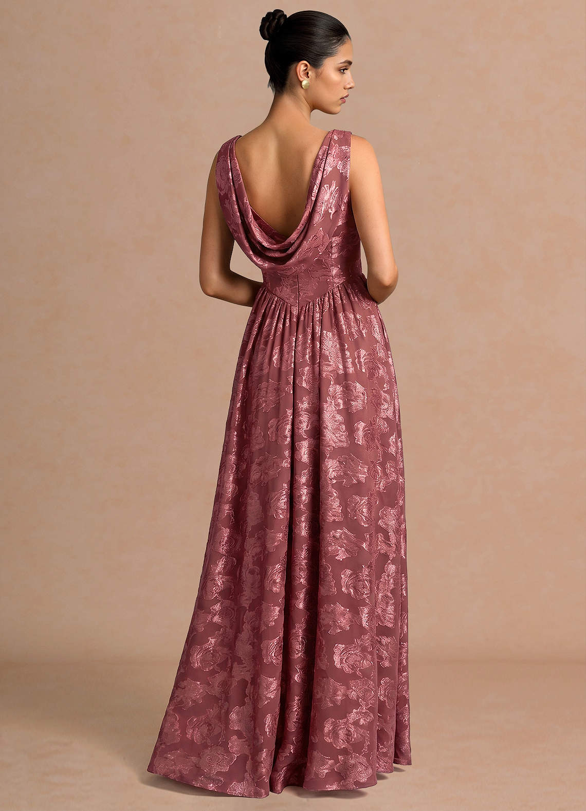 Novi A-Line Draped-Neck Floral Fil Coupé Evening Dress in Vintage Rose