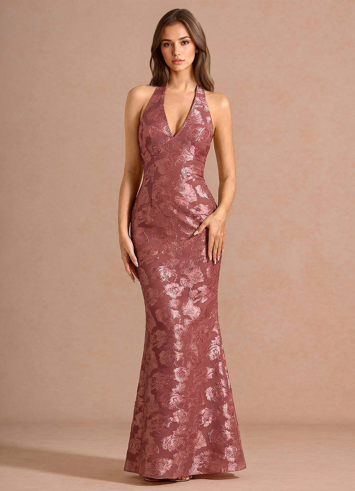 Valerie V-Neck Open-Back Fil Coupé Evening Dress in Vintage Rose