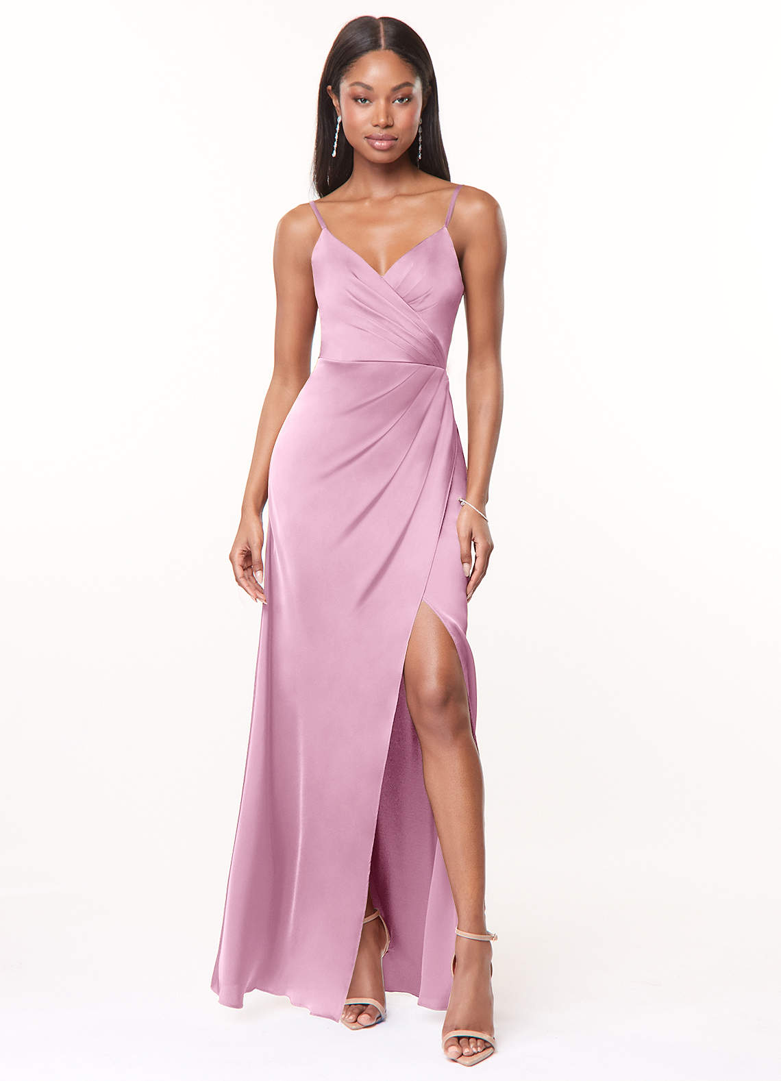 Maci A-Line V-Neck Stretch Satin Bridesmaid Dress in candy pink