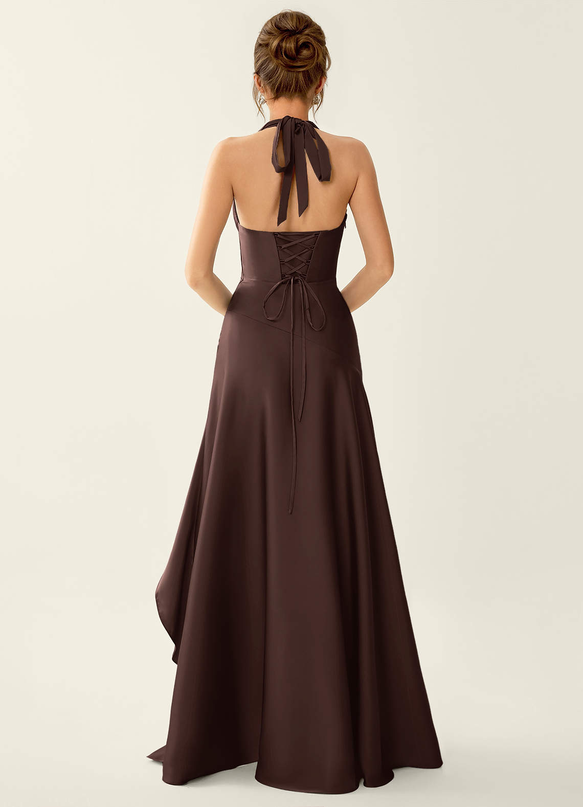 Titania Halter Asymmetric-Ruffle Satin Evening Dress in Truffle