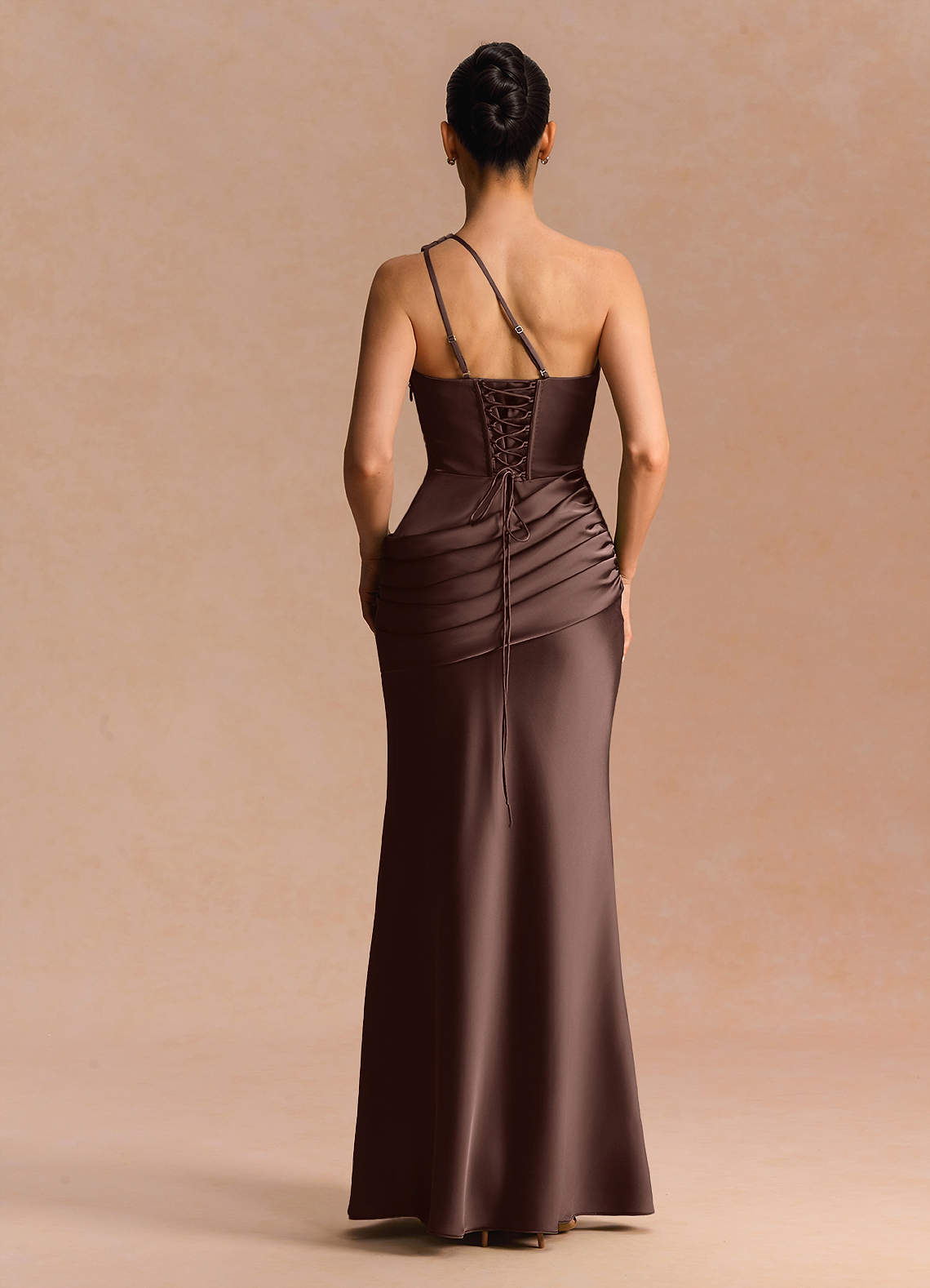 Guinevere One-Shoulder Cutout Stretch Satin Evening Dress in Truffle