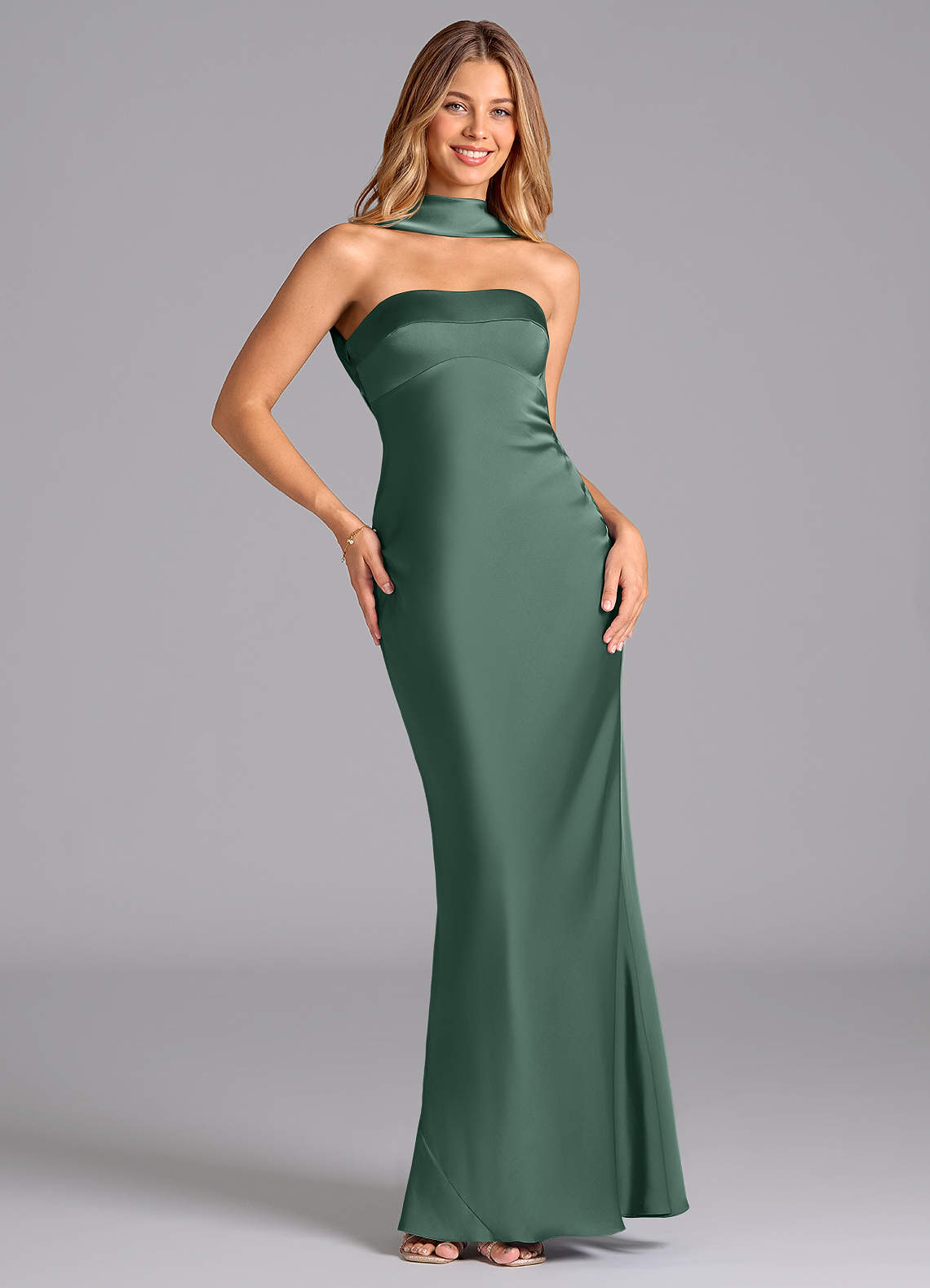Lusinda Mermaid Strapless Stretch Satin Bridesmaid Dress in Eucalyptus
