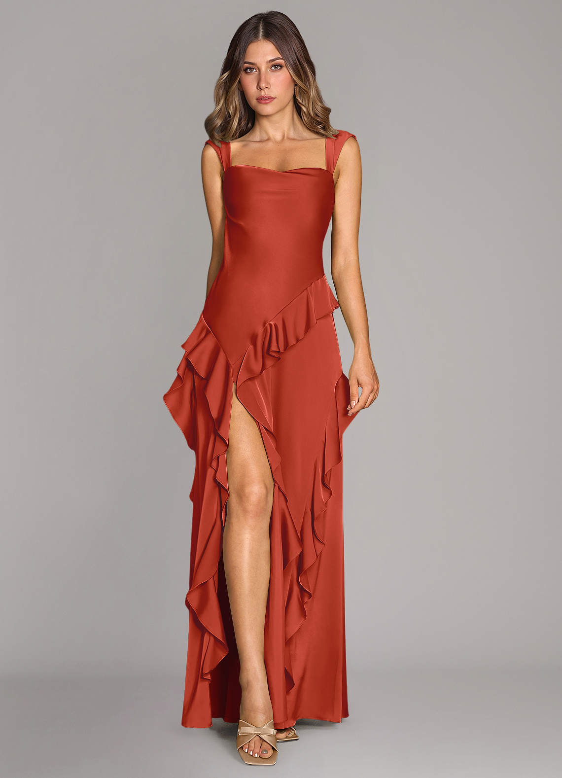 Sloane A-Line Sweetheart Stretch Satin Bridesmaid Dress in Rust