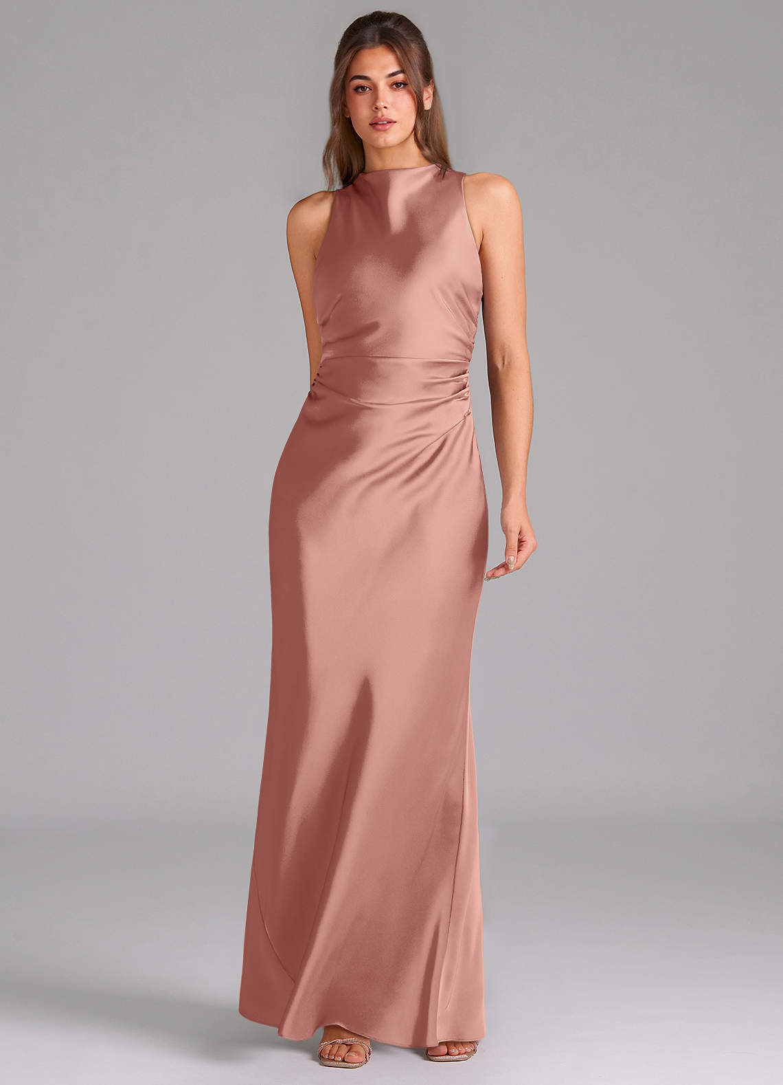 Evadne Sheath Scoop-Neck Stretch Satin Bridesmaid Dress in Rosette