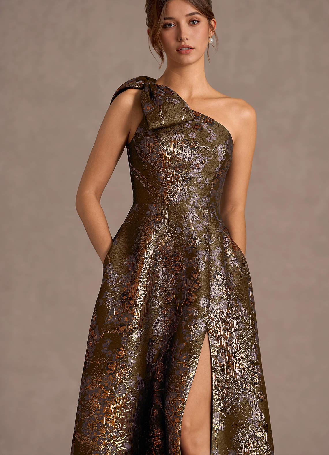 Jonelle A-Line One-Shoulder Metallic Jacquard Evening Dress in Mocha Coco