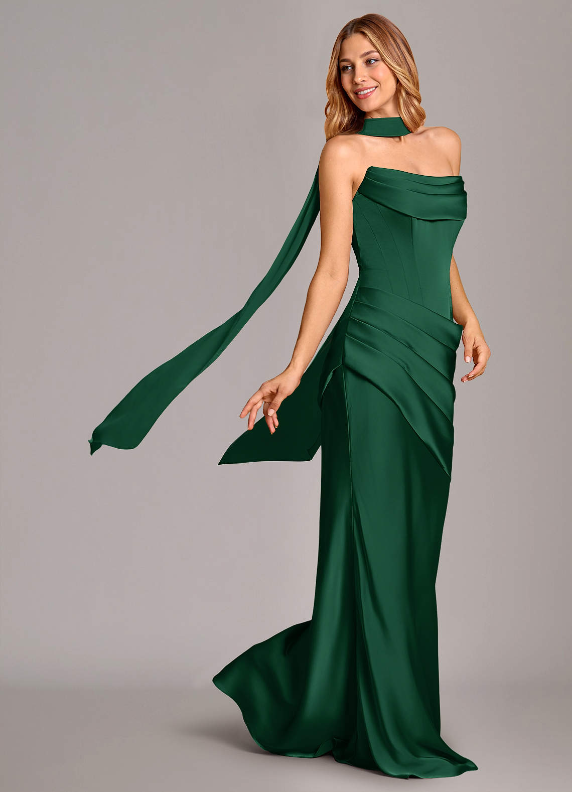 Pelagia Mermaid Cowl-Neck Stretch Satin Bridesmaid Dress in Dark Green