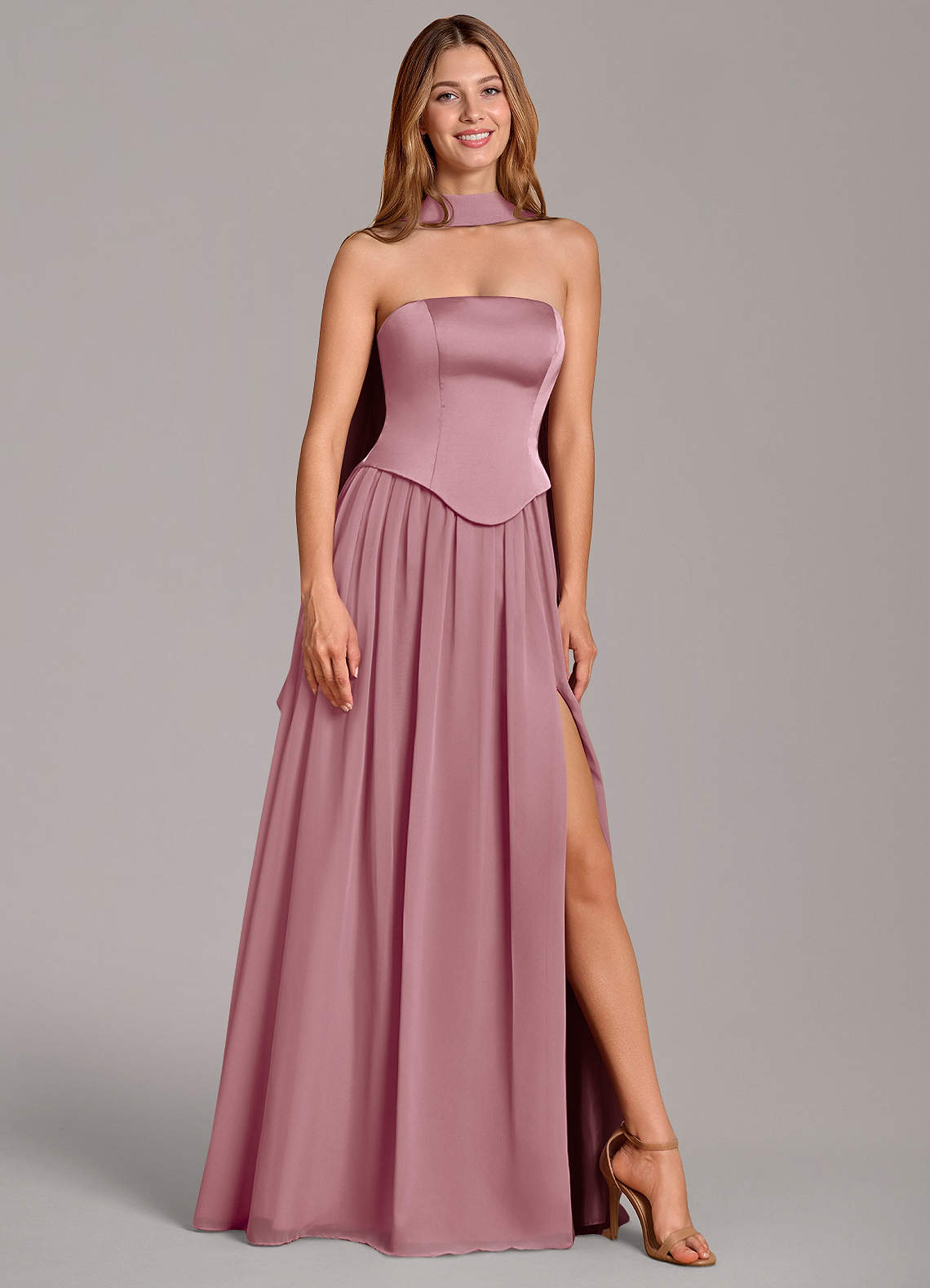 Cadence A-Line Strapless Chiffon and Stretch Satin Bridesmaid Dress in Vintage Mauve