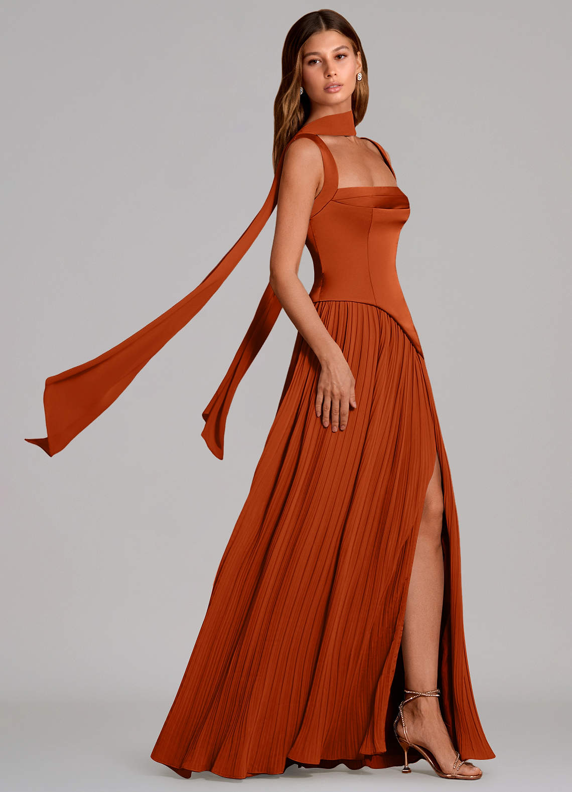 Stephanie A-Line Square-Neck Stretch Satin and Chiffon Bridesmaid Dress in Burnt Orange