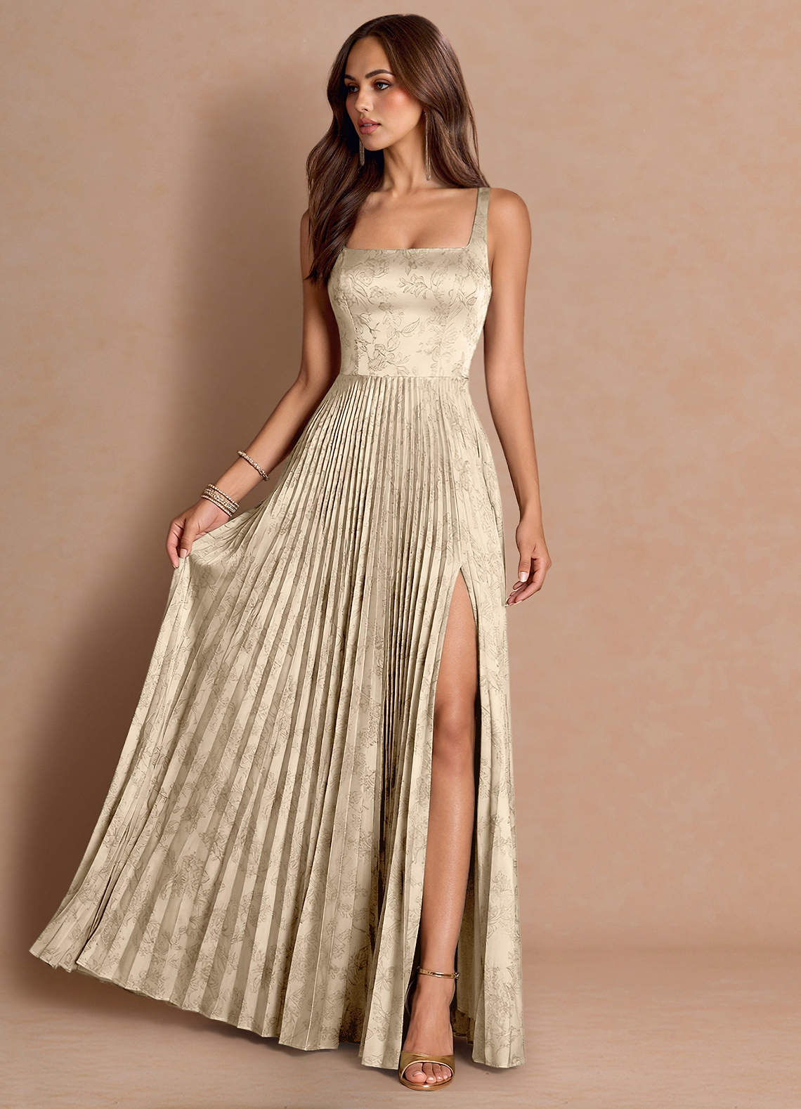 Tatiana A-Line Square-Neck Jacquard Wedding Guest Dress in Moss Navy