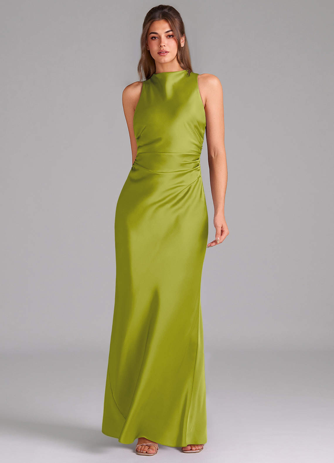 Evadne Sheath Scoop-Neck Stretch Satin Bridesmaid Dress in Lemongrass